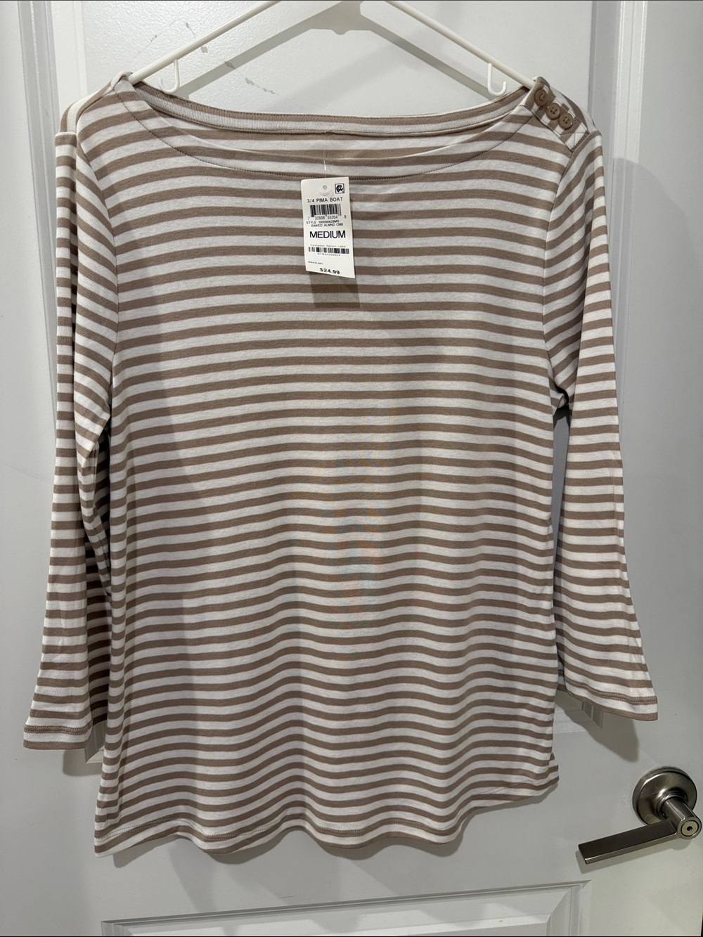 Charter Club Taupe and White Striped Boatneck Long Sleeve Top